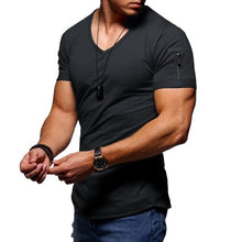 Load image into Gallery viewer, 2020 nova camiseta masculina com decote em v aptidão musculação camiseta alta rua verão de manga curta zíper casual algodão topo