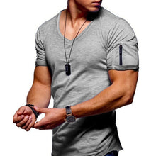 Load image into Gallery viewer, 2020 nova camiseta masculina com decote em v aptidão musculação camiseta alta rua verão de manga curta zíper casual algodão topo
