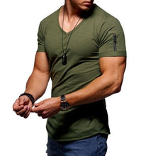 Load image into Gallery viewer, 2020 nova camiseta masculina com decote em v aptidão musculação camiseta alta rua verão de manga curta zíper casual algodão topo