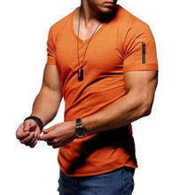 Load image into Gallery viewer, 2020 nova camiseta masculina com decote em v aptidão musculação camiseta alta rua verão de manga curta zíper casual algodão topo