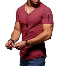 Load image into Gallery viewer, 2020 nova camiseta masculina com decote em v aptidão musculação camiseta alta rua verão de manga curta zíper casual algodão topo

