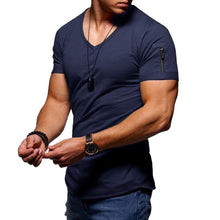 Load image into Gallery viewer, 2020 nova camiseta masculina com decote em v aptidão musculação camiseta alta rua verão de manga curta zíper casual algodão topo

