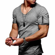 Load image into Gallery viewer, 2020 nova camiseta masculina com decote em v aptidão musculação camiseta alta rua verão de manga curta zíper casual algodão topo
